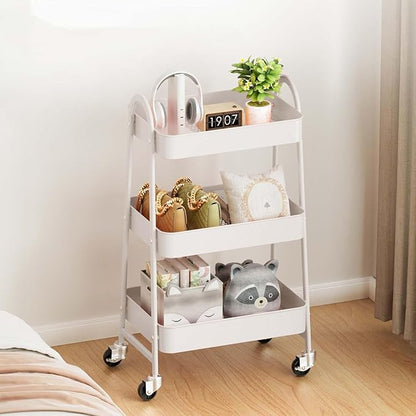 Rolling Storage Cart, 3 Tier Shelf Utility Carts Snack White Craft Carts with Mesh Baskets Bathroom Storage Cart with Wheels for Office, Classroom, Kitchen, 16.9x12.2x30.9 Inch