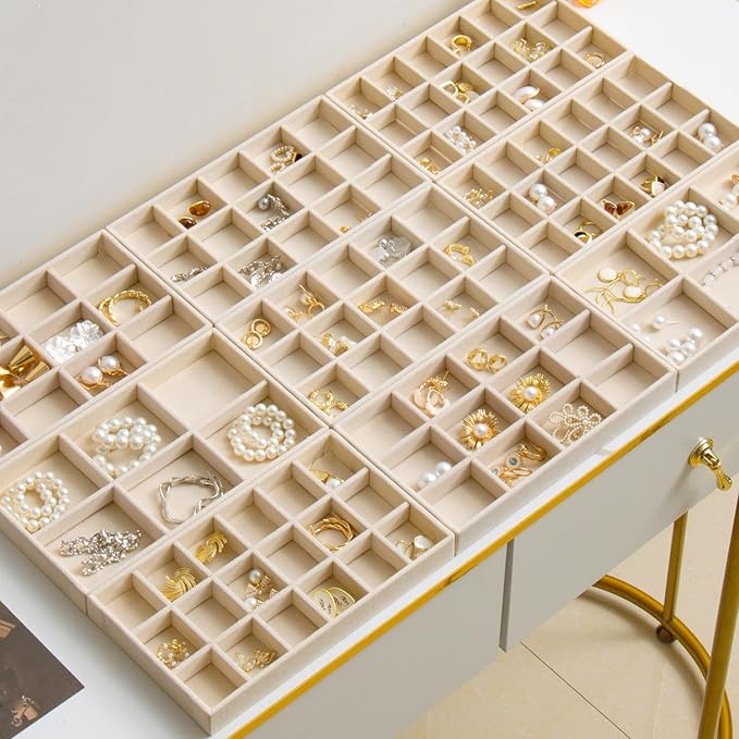 SPAKOWN Jewelry Organizer for Drawer Set of 9, Velvet Jewelry Tray Stackable Jewelry Organizer Display Trays Divided Earring Storage Containers (Beige)