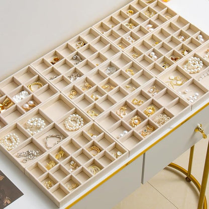 SPAKOWN Jewelry Organizer for Drawer Set of 9, Velvet Jewelry Tray Stackable Jewelry Organizer Display Trays Divided Earring Storage Containers (Beige)