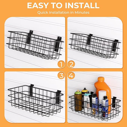INCLY 30PCS Slatwall Accessories Set, Includes 4 Pack Ventilated Metal Wire Slatwall Baskets and 26PCS Multisized Heavy Duty Slatwall Hooks for Garage Organization Rooms Workshop Storage