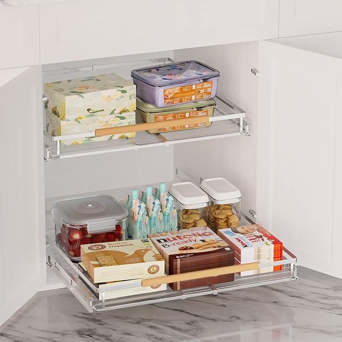 SANNO Expandable Pull Out Cabinet Organizer,Slide Out Pantry Shelf for Kitchen Cabinet or Under Sink,Extendable Width16.1 to 26.4" W,Chrome Finish,3Pack