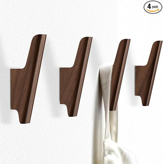 Wood Wall Hooks 4 Pack Coat Hooks Wall Mount Walnut Wooden Hooks for Hanging Hat, Bag, Backpack, Rustic Coat Hooks for Wall, Wood Towel Hooks for Bathrooms and Entryway Hooks (Walnut, Dark)