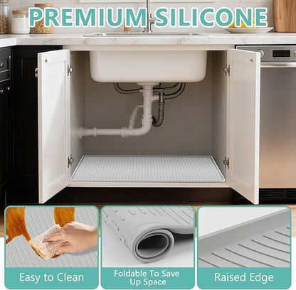 Lanstics 32" x 22" Under Sink Mat for Kitchen Under Sink Organizer Waterproof Raised Edge Silicone Mat Sink Protector Silicone Organizers Tray for Kitchen Bathroom