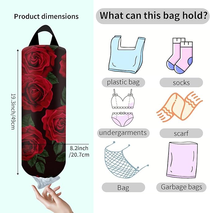Plastic Bag Holder, Wall Mount Grocery Bag Organizer, Funny Hanging Trash Bag Storage Dispenser for Home Kitchen Cute Red Rose