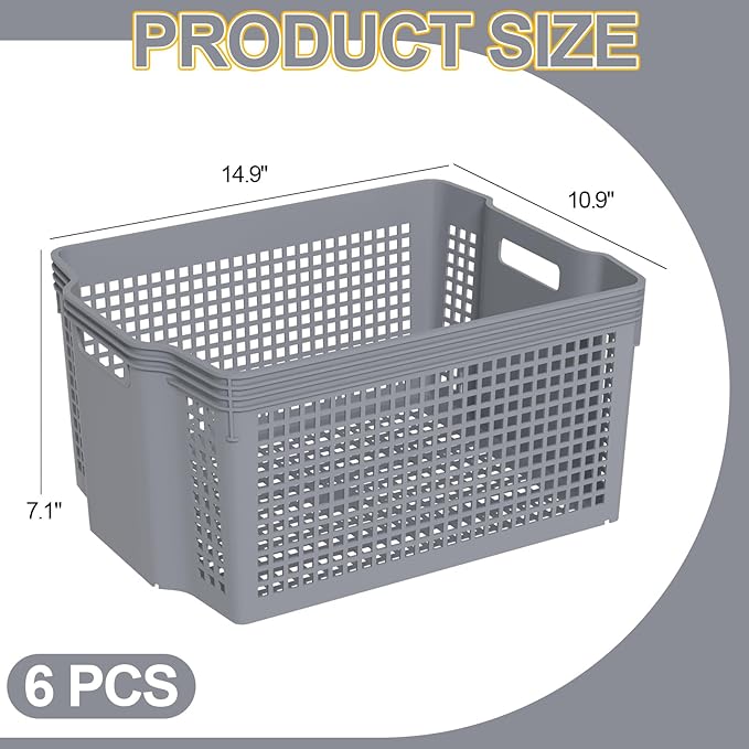 Large Plastic Stackable Basket, Stackable Storage Bins for Pantry, 6 Pack, Grey