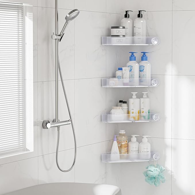 Sotfamily Plastic Shower Caddy Corner (For 90° Only), 4 Pack Adhesive Corner Shower Shelves for Bathroom Organizers and Storage, Crystal