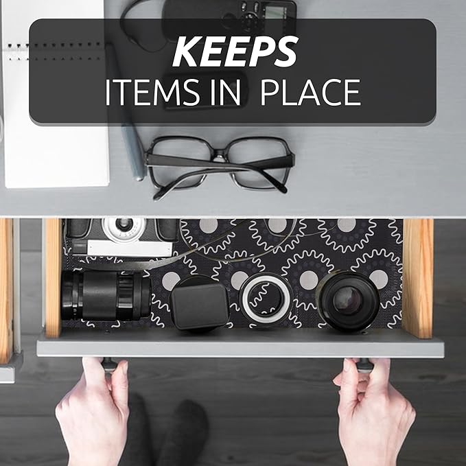 12X120 Inch Shelf Liner for Kitchen Cabinets, PVC Drawer Liner for Dresser Non-Slip Bathroom, Non-Adhesive Cabinet Liner Washable (Black Circle)(1 Roll)