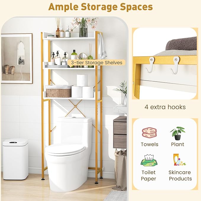LOKO 3-Tier Over The Toilet Storage Rack, Bathroom Space Saver Shelf, Freestanding Above Toilet Organizer with 4 Hooks, Anti-Tipping Device, Metal Frame Toilet Rack for Balcony Laundry (White+Gold)