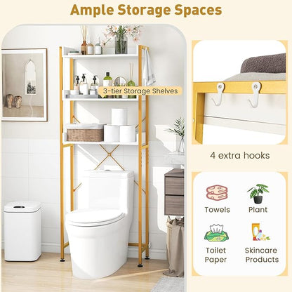 LOKO 3-Tier Over The Toilet Storage Rack, Bathroom Space Saver Shelf, Freestanding Above Toilet Organizer with 4 Hooks, Anti-Tipping Device, Metal Frame Toilet Rack for Balcony Laundry (White+Gold)