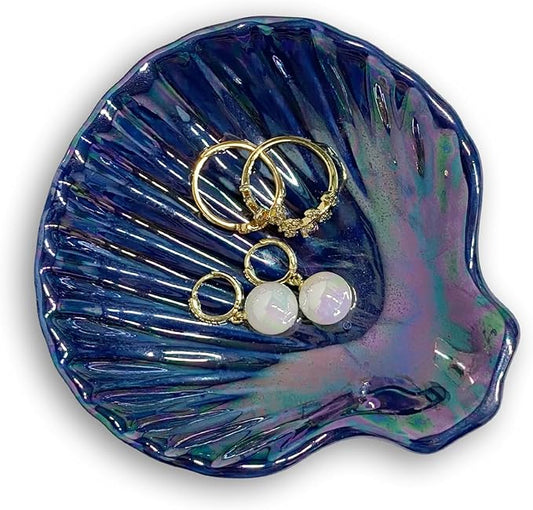 Shell Jewelry Holder Dish, Ceramic Seashell Trinket Dish for Women, Cute Room Decor Jewelry Plates for Earrings Ring, Birthday Mother's Day Christmas Gift for Women 3.9", Indigo Iridescent Surface