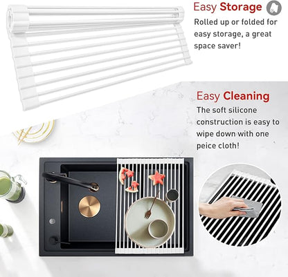 MERRYBOX Roll Up Dish Drying Rack, Silicone Wrapped Over The Sink Dish Rack Foldable Dish Drainer Anti-Slip Dish Racks for Kitchen Sink, Multipurpose Kitchen Sink Drying Rack, 17.5" x 13", White