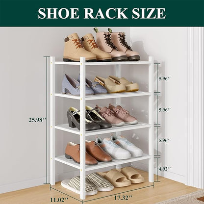 Smiry Small Bamboo Shoe Rack 4-Tier, Stackable Wooden Shoe Organizer for Entryway & Closet, Free Standing Wood Shoe Storage Shelf for Front Door & Small Spaces, White