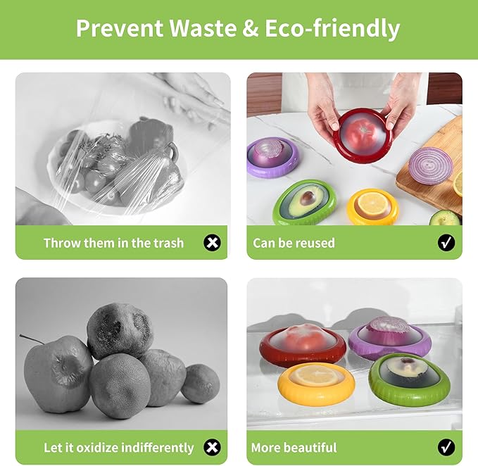 Avocado Saver Onion Storage 4Pcs,Reusable Silicone Fruit Vegetable Containers For Fridge,Anti-oxidation Fresh Stretch Pod Food Box Set for Lemons Tomato Garlic Potatoes Apples,Dishwasher Safe