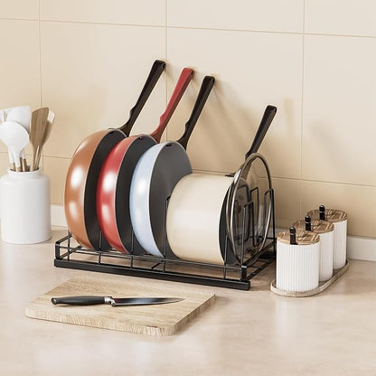 GAGUIUP Premium Adjustable Kitchen Bakeware and Pan Organizer - Food Container Lid Organizer Ideal for Cabinet, Drawers, Cupboard, Pantry Storage, Matte Black