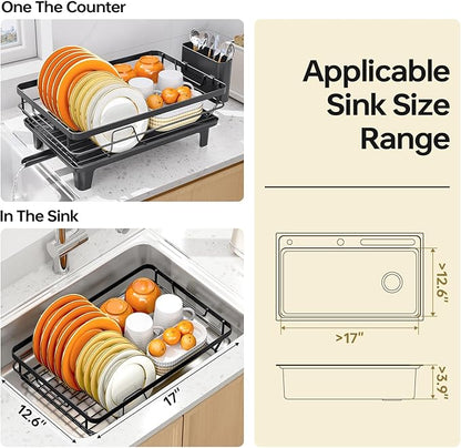 TOOLF Space-Saving Dish Drying Rack, Multifunctional Dish Rack for Kitchen Counter,Sink Dish Drainer Rack, Dishes Strainer with Drain Board & Cutlery Holder, Compact Dryer Rack,Black