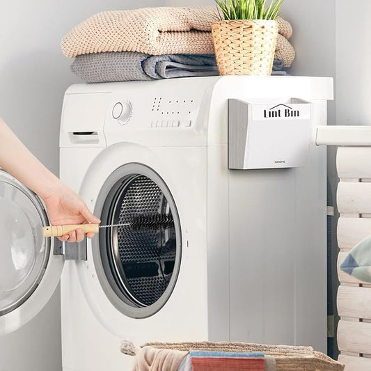 NiHome Magnetic Lint Bin for Laundry Room Storage Organization & Decor with Lint Brush, Wall Mounted Dryer Lint Box Holder Made of Metal & Pine, Lint Trash Can Lint Basket for Dryer, White