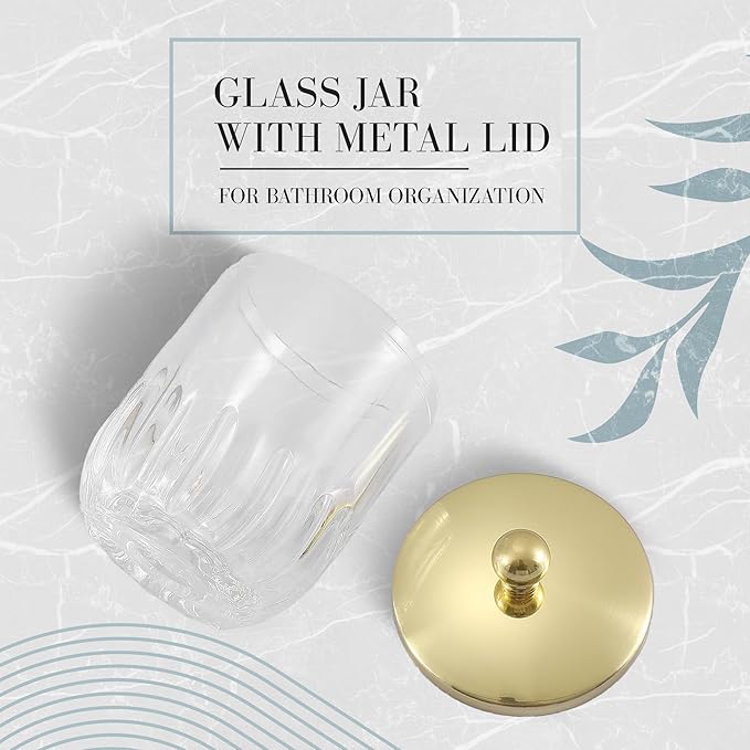 Indecor Home Clear Transparent Apothecary Vertical Wavy Glass Jar With Gold Metal Lid Cover for Bathroom Organization, Cotton Balls, Q Tips, and Small Accessories, Bathroom Storage
