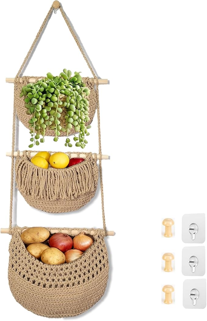 3 Tier Hanging Fruit Baskets for Kitchen, Boho Cotton Rope Handwoven Vegetable Hammock Produce Storage Wall Mounted Large Organizing Basket for Farmhouse Decor, Over The Door, Onion, Potato (Linen)