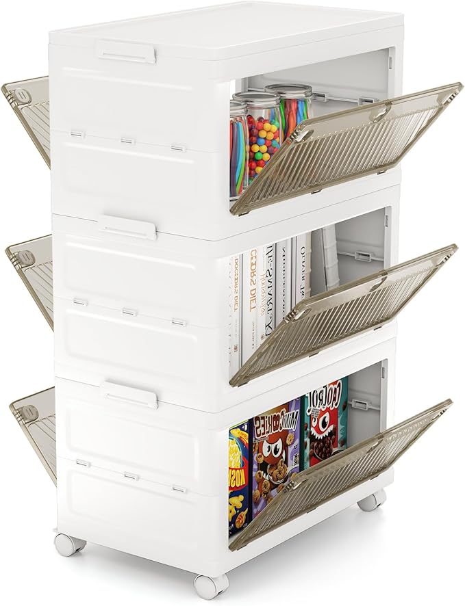 Giantex 33 Gal Plastic Storage Bins with Lids, 3 Tier Stackable Storage Boxes with Wheels, Closet Drawer Storage Container for Living Room, Home, Party, Office, Dorm (3 Pack)