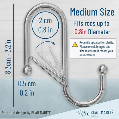 Blau Marité 10-Pack Metal S Hooks for Hanging – Heavy-Duty S-Shaped Hook with Safety Buckle – Fits Bars up to 0.8 In – Anti-Drop S-Hooks for Kitchen, Bathroom, Closet & Pot Racks – Silver (Medium)