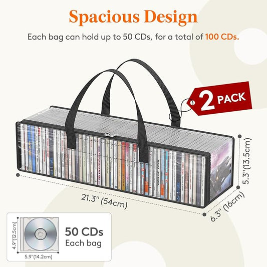 Lifewit CD Storage Bags, Clear PVC Plastic CD Case Holder with Handles, Front Window Zipper Design, Stackable Media Organizer Box for Albums, Hold up to 100 Pcs CDs (50 Each), 2 Pack