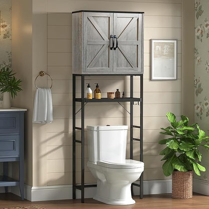 Timboniture Over The Toilet Storage Cabinet, Bathroom Above Toilet Cabinet Organizer with Doors and Adjustable Shelves, Bathroom Shelf Organizer with Anti-Tip Device & Drain Rack, Grey