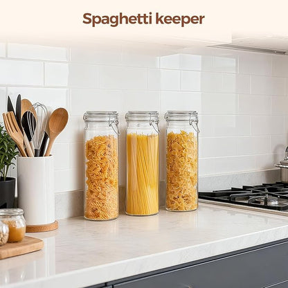 ComSaf Airtight Glass Jars Set of 3, 0.5 Gallon Food Storage Jar with Lids, Tall Spaghetti Container with Clear Preserving Seal Wire Clip Fastening, Pasta Storage Containers for Kitchen Canning