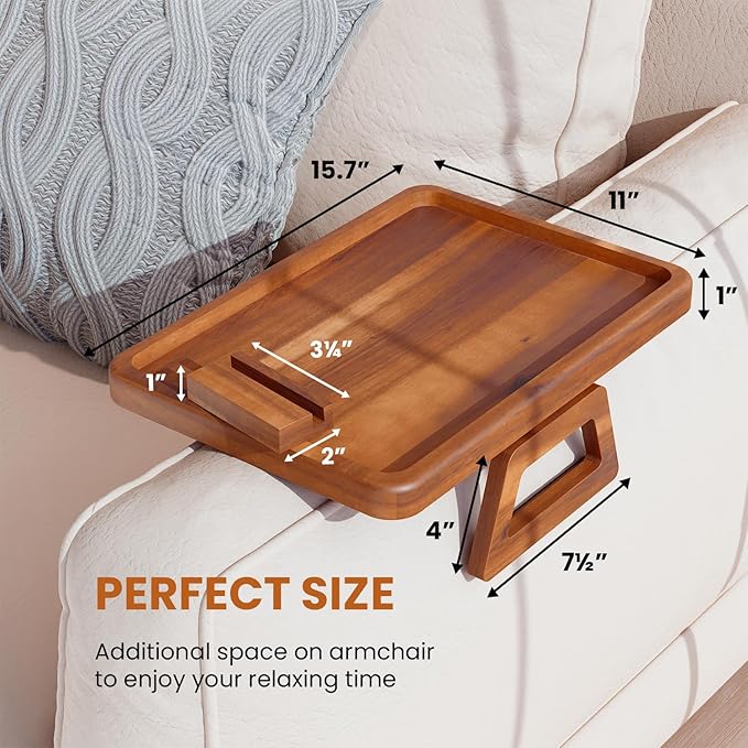 Tinamo 15.7" x 11" Large Couch Arm Table with 360 Rotating Phone Holder - Sofa Arm Clip Table for Living Room - Sofa Armrest Tray Wide Couches - Wooden Side Tables for Eating and Drink (Acacia Wood)