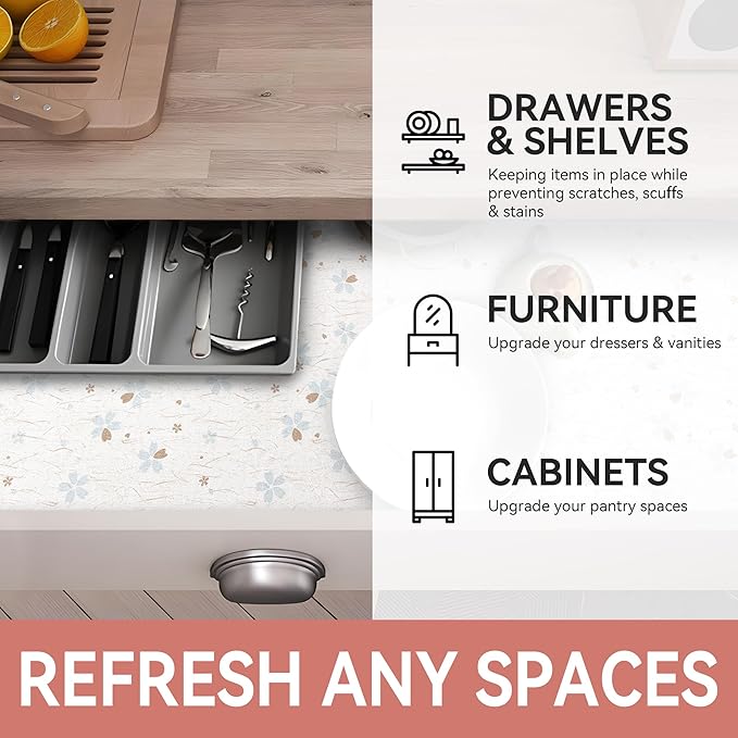 Ray Star Shelf Liner, 12in x 5FT Non Adhesive Floral Cabinet Liner for Pantry Refrigerator Drawer, Strong Grip Non Slip Waterproof Easy Trim, Durable Shelf Liners for Kitchen Cabinets Organization