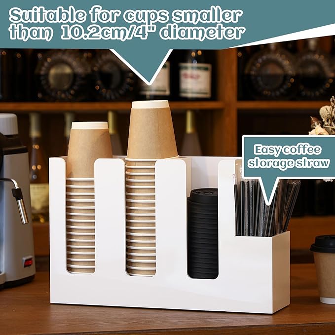 Cunhill 4 Compartments Acrylic Coffee Cup and Lid Storage Organizer Holder Disposable Paper Cup Dispenser Organizer Plastic Lid Holder Accessories for Kitchen Bar Shop Party Supplies (White)