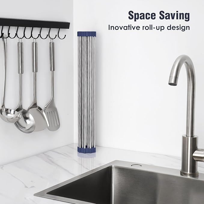 Tomorotec 17.7" x 12.5" Roll Up Dish Drying Rack Over Sink Drying Rack Sink Cover Kitchen Sink Accessories Gadget Multipurpose Organizer Foldable Stainless Steel Drainer