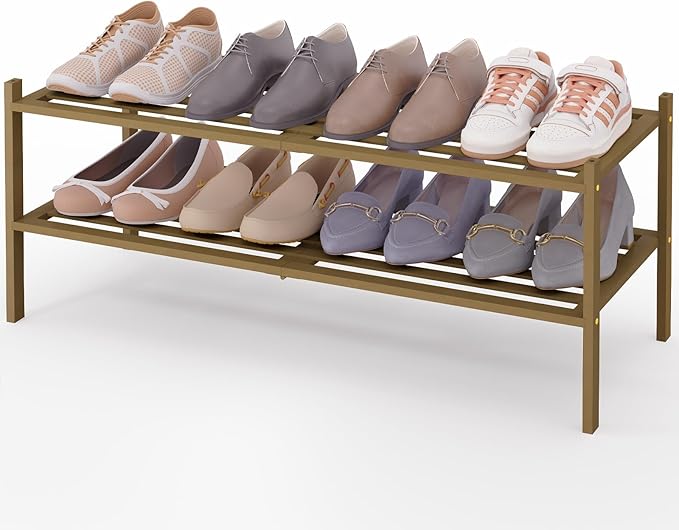 Smiry Long Bamboo Shoe Rack 2-Tier, Stackable Wooden Shoe Organizer for Entryway & Closet, Free Standing Wood Shoe Storage Shelf for Front Door & Small Spaces, Walnut