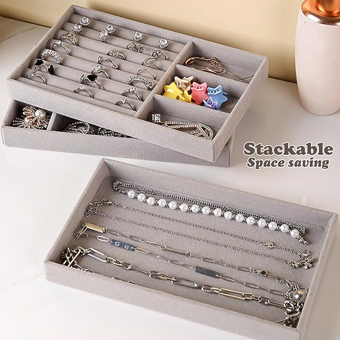 SPAKOWN Jewelry Drawer Organizer Inserts Set of 8, Small Stackable Jewelry Tray with Removable Dividers for Earrings Necklaces Rings Bracelets (Grey)