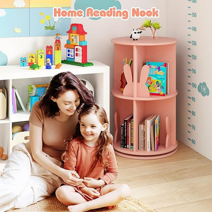 Costzon Kids Rotating Bookshelf, 2 Tier Small Book Shelf with Bookends, 360° Display Spinning Bookshelf Tower, Corner Bookshelf for Small Space, Kids Room, Bedroom, Nursery (Pink)