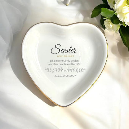 HatafaFurni Personalized Ring Dish Holder for Sister from Sister, Seester Noun Jewelry Dish for Wedding Christmas Birthday Gift, Customized Ceramic Trinket Tray for Bonus Sister, Funny Saying Gifts
