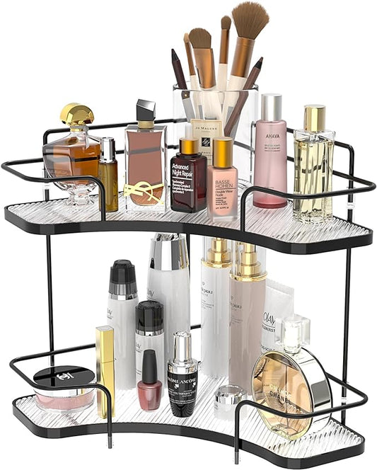 FOLLOWIN 2 Tier Bathroom Countertop Corner Organizer,Countertop Perfume Tray,Vanity Counter Shelf,Skincare Makeup Cosmetic Vanity Organizers,Elegant Black