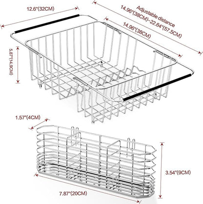 SwetLao Large Sink Dish Drying Rack, Expandable 304 Stainless Steel Metal Dish Drainer Rack Organizer Shelves with Stainless Steel Utensil Holder Over Inside Sink, Rustproof
