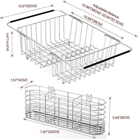 SwetLao Large Sink Dish Drying Rack, Expandable 304 Stainless Steel Metal Dish Drainer Rack Organizer Shelves with Stainless Steel Utensil Holder Over Inside Sink, Rustproof