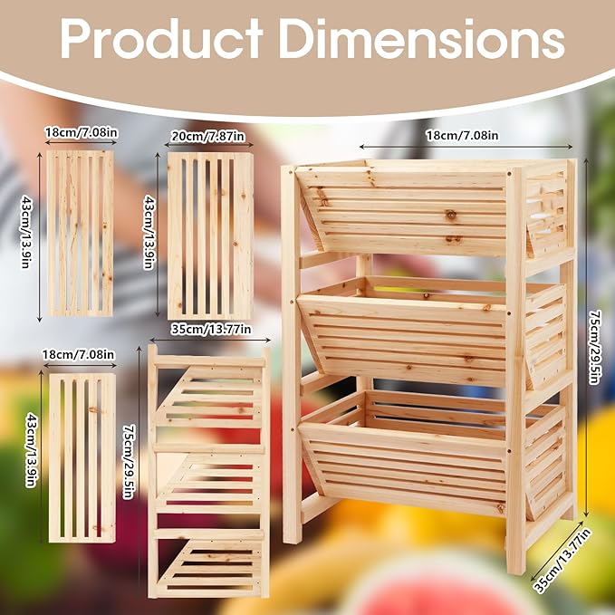 Wooden Potato Onion Storage Organizer, 3-Tier Stackable Pantry Cabinet & Countertop Basket for Kitchen, Vegetable Fruit Produce Bread Basket, Fir Wooden Storage Rack