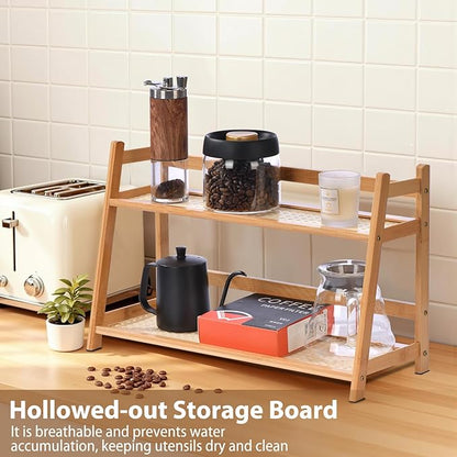 2 Tier Matcha Station Wicker-Look Coffee Station Organizer, Kitchen Counter Shelf for Tea & Coffee Bar, Mug Holder Countertop, Condiment Storage Rack(17Inch)