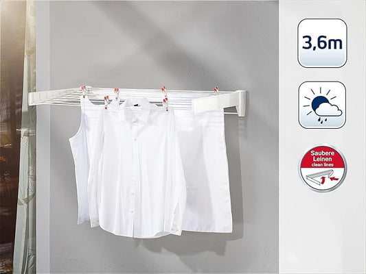 Leifheit Wall Dryer Telegant 36 Protect Plus, Space Saving Wall Mounted Clothes Drying Rack with 3.6 m Drying Length, Hidden Folding Design, 5 Rustproof Rails and 60 cm Aluminum Towel Bar