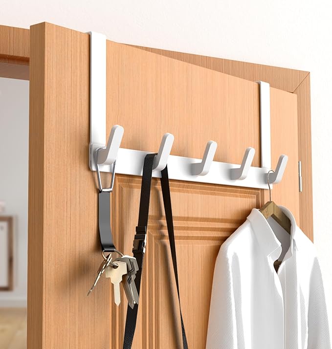 CHAUNCEY HOME Over The Door Hooks Hanger, Heavy Duty Rack for Winter Coat, Fits 1 3/4" Doors, L7U - Bathroom Accessories and Towel Organizer Holder - White