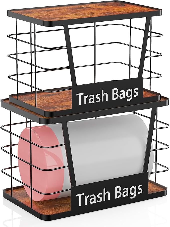 Three colors 2 Pack Trash Bag Holder, Stackable Trash Bag Dispenser with Rustic Wood, Garbage Bag Dispenser Under Sink Organizer for Kitchen Laundry, Adhesive Wall Mount or Countertop