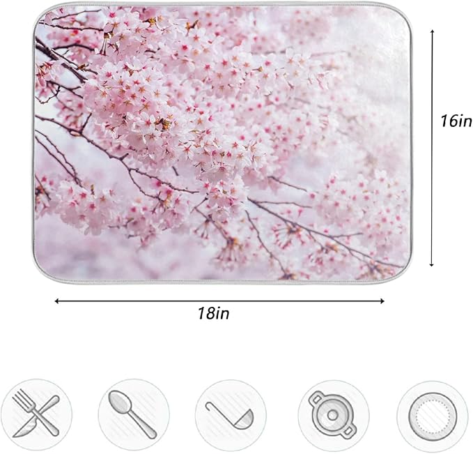 ZzWwR Romantic Pink Cherry Blossoms Absorbent Dish Drying Mat Microfiber Kitchen Countertop Table Protector Multipurpose Counter Rack Sink Drainer Pad (16” x 18”)