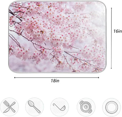 ZzWwR Romantic Pink Cherry Blossoms Absorbent Dish Drying Mat Microfiber Kitchen Countertop Table Protector Multipurpose Counter Rack Sink Drainer Pad (16” x 18”)