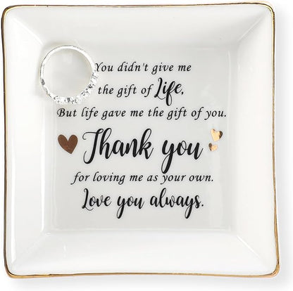 HOME SMILE Bonus Mom Gifts Mother's Day,Step Mom Ceramic Ring Jewelry Dish Tray Plate for Birthday Christmas-You Didn't Give Me Life but Life Gave Me You,Thank You for Loving Me As Your Own