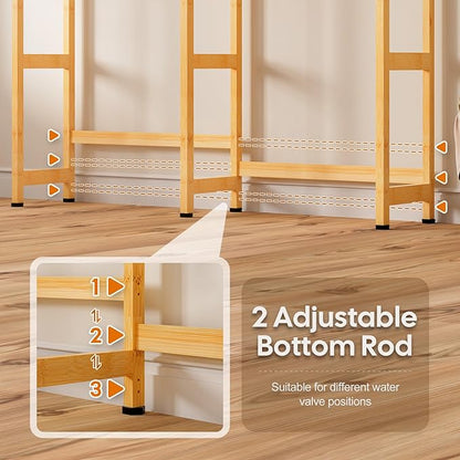 Over The Washer and Dryer Storage Shelf Bamboo,5 Tiers Laundry Room Drying Rack with Adjustable Shelves and 4 Hooks,Space Saver Organizer for Hanging Clothes and Towels (Natural)