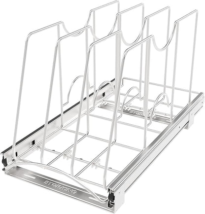 STORKING Pull Out Cookie Sheet Organizer for Cabinet, Pan and Pot Rack, Cutting Board Organizer Rack, Baking Tray Organizer for Cabinet, Adjustable Divider Width, 11" W x 22" D x 11.8" H, Chrome