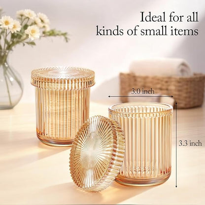 SheeChung Amber Glass Apothecary Jars 2-Pack - Vintage Sunburst Bathroom Organizer & Storage Set - Qtip Holder Dispenser, Vanity Canister for Cotton Swabs, Balls, Pads - Luxury Modern Farmhouse Decor
