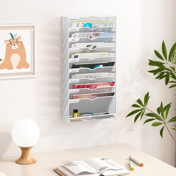 Hanging Wall File Organizer,10-Tier Desk File Mail Holder, Paper Bill Organization For Office Home School, White